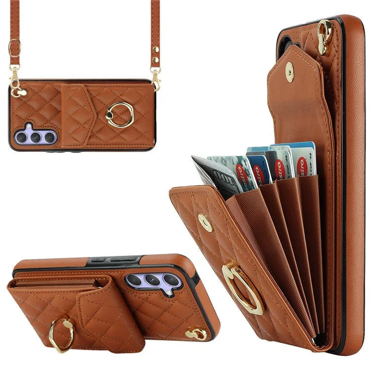 For Samsung Galaxy S23 FE Case Card Holder Ring Kickstand Leather+TPU Crossbody Cover