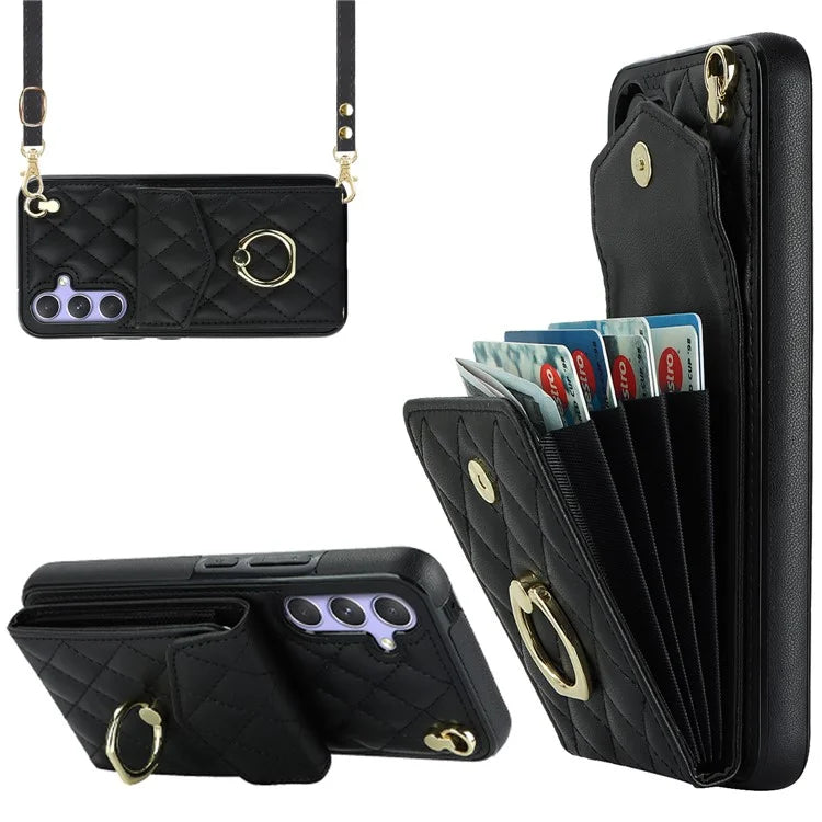 For Samsung Galaxy S23 FE Case Card Holder Ring Kickstand Leather+TPU Crossbody Cover