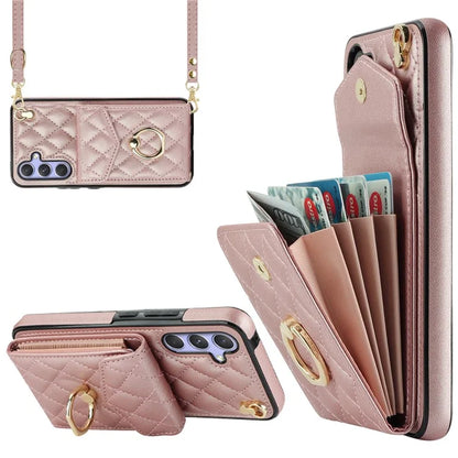For Samsung Galaxy S23 FE Case Card Holder Ring Kickstand Leather+TPU Crossbody Cover