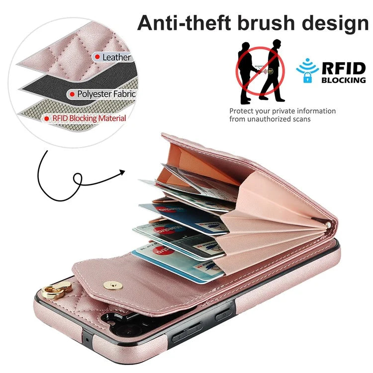 For Samsung Galaxy S23 FE Case Card Holder Ring Kickstand Leather+TPU Crossbody Cover