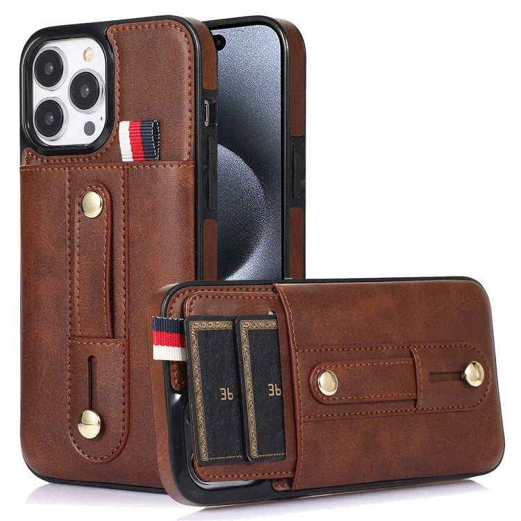 For iPhone 15 Pro Case Retro PU Leather Coated TPU Kickstand Phone Cover