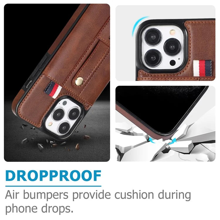 For iPhone 15 Pro Case Retro PU Leather Coated TPU Kickstand Phone Cover