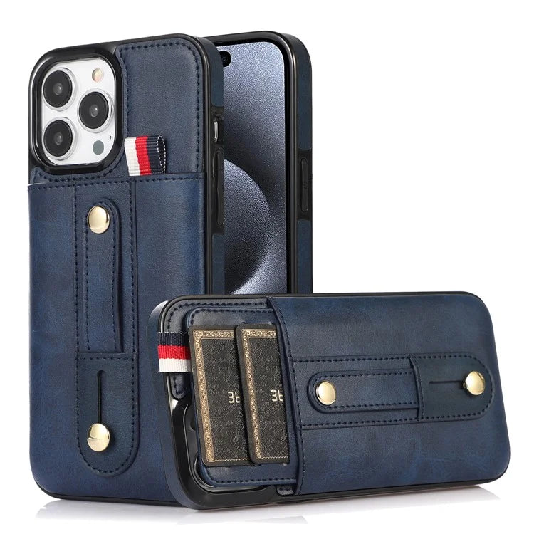 For iPhone 15 Pro Case Retro PU Leather Coated TPU Kickstand Phone Cover