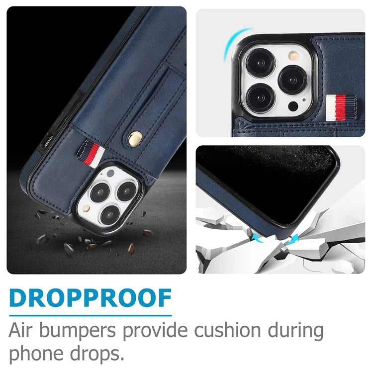 For iPhone 15 Pro Case Retro PU Leather Coated TPU Kickstand Phone Cover