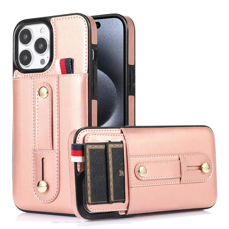 For iPhone 15 Pro Case Retro PU Leather Coated TPU Kickstand Phone Cover