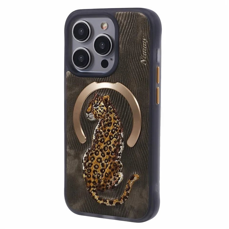 NIMMY For iPhone 14 Pro Max Embroidery Case PU Leather Phone Back Cover