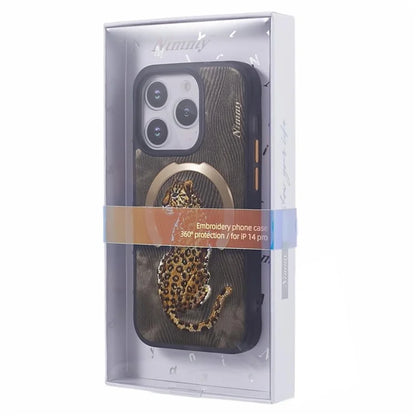 NIMMY For iPhone 14 Pro Max Embroidery Case PU Leather Phone Back Cover