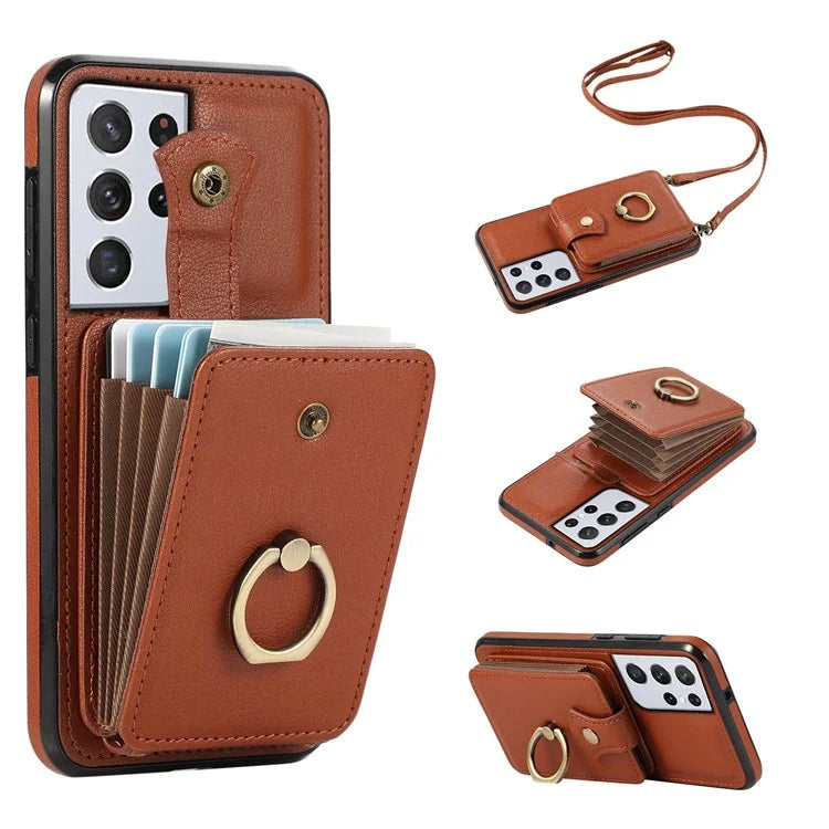 For Samsung Galaxy S21 Ultra 5G Case Card Holder Kickstand TPU+PU Leather Phone Cover