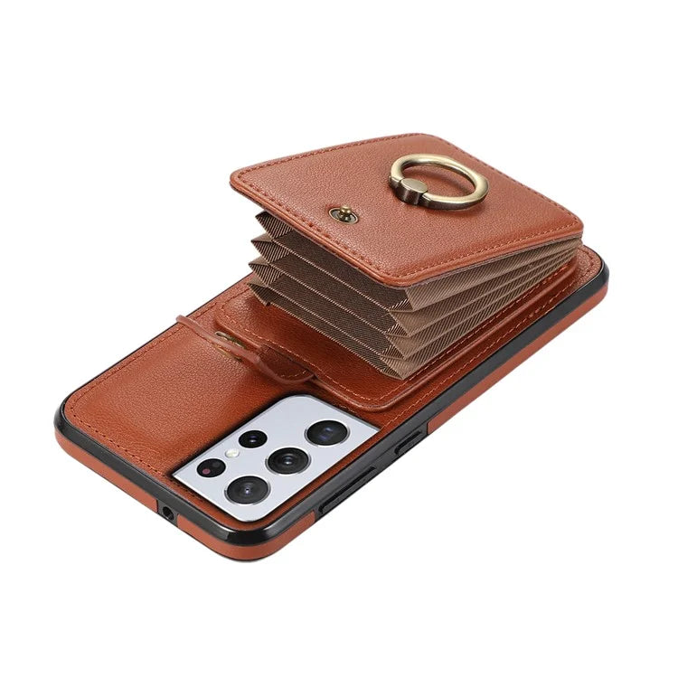 For Samsung Galaxy S21 Ultra 5G Case Card Holder Kickstand TPU+PU Leather Phone Cover