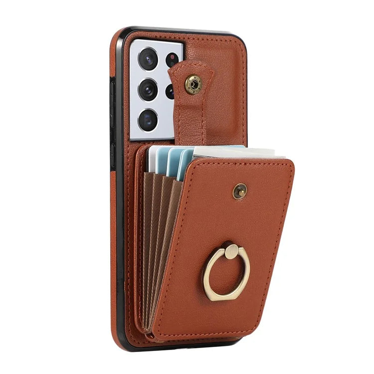 For Samsung Galaxy S21 Ultra 5G Case Card Holder Kickstand TPU+PU Leather Phone Cover