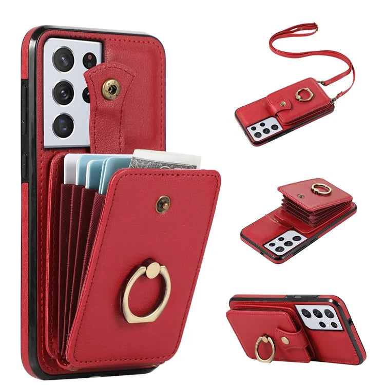 For Samsung Galaxy S21 Ultra 5G Case Card Holder Kickstand TPU+PU Leather Phone Cover