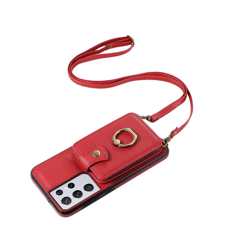 For Samsung Galaxy S21 Ultra 5G Case Card Holder Kickstand TPU+PU Leather Phone Cover