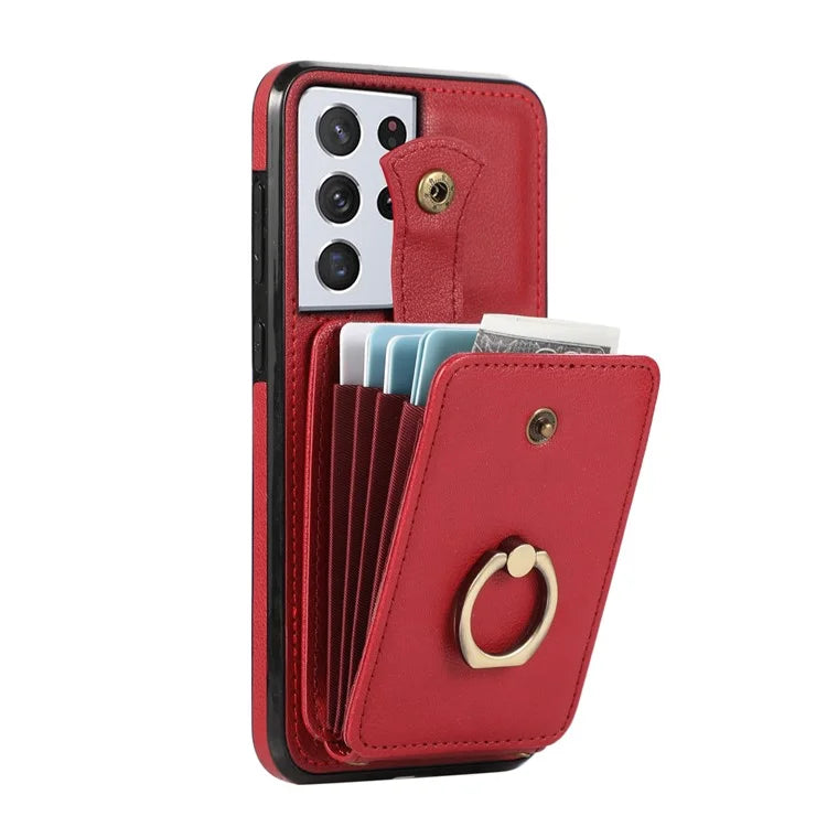 For Samsung Galaxy S21 Ultra 5G Case Card Holder Kickstand TPU+PU Leather Phone Cover
