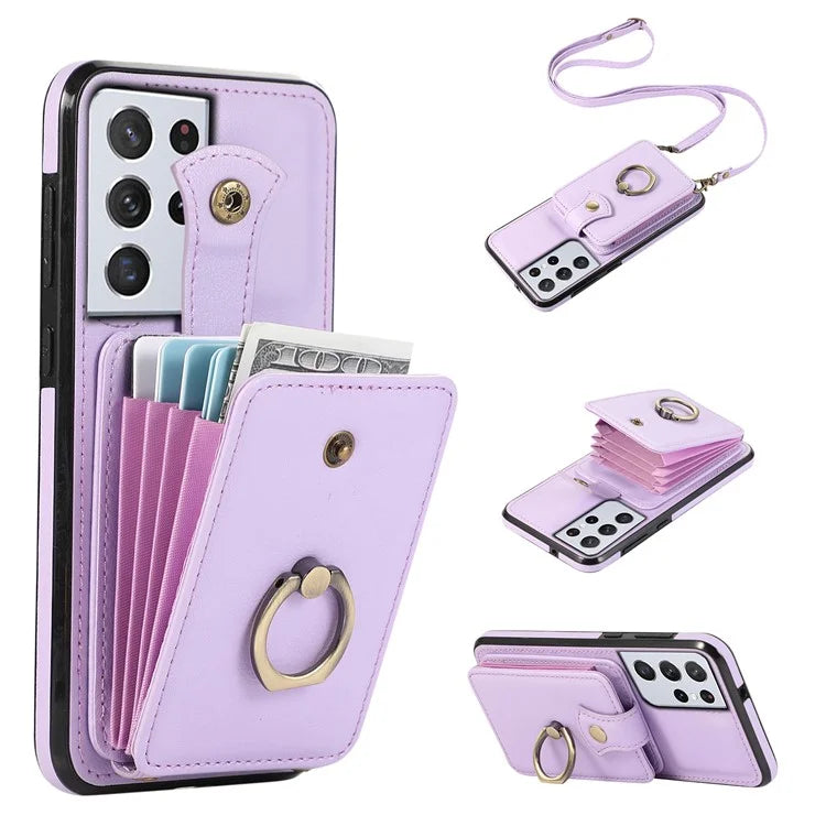 For Samsung Galaxy S21 Ultra 5G Case Card Holder Kickstand TPU+PU Leather Phone Cover