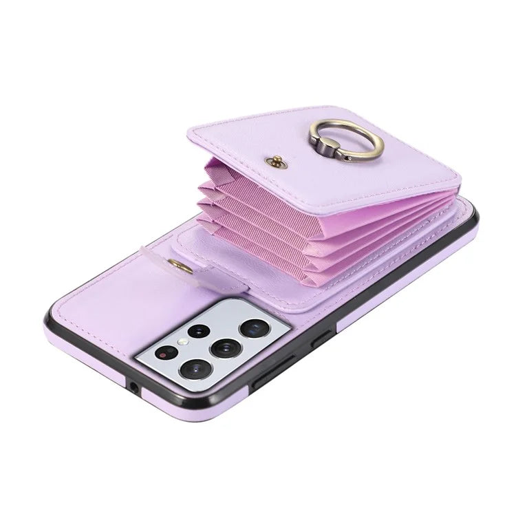 For Samsung Galaxy S21 Ultra 5G Case Card Holder Kickstand TPU+PU Leather Phone Cover