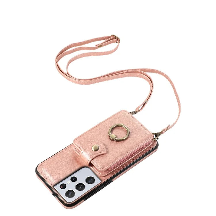 For Samsung Galaxy S21 Ultra 5G Case Card Holder Kickstand TPU+PU Leather Phone Cover