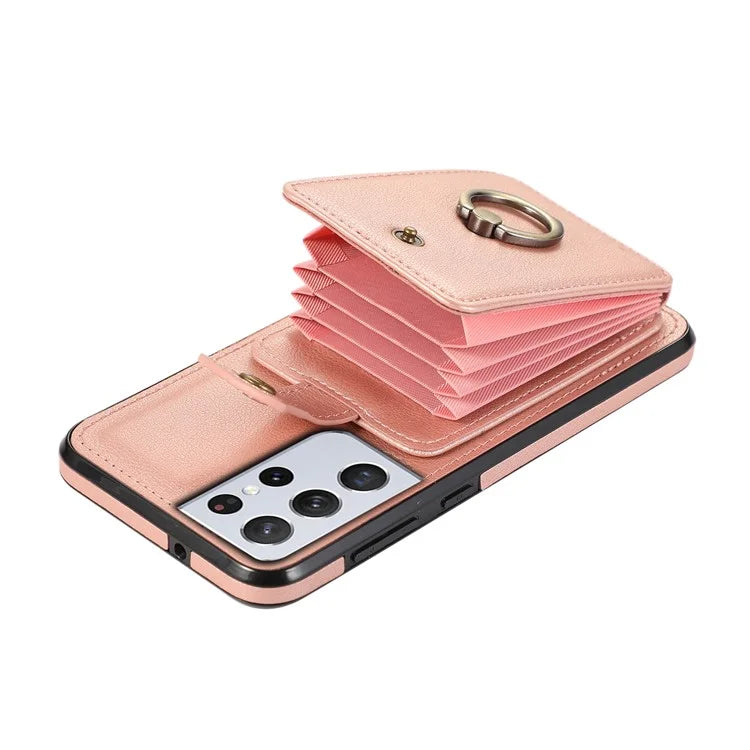 For Samsung Galaxy S21 Ultra 5G Case Card Holder Kickstand TPU+PU Leather Phone Cover
