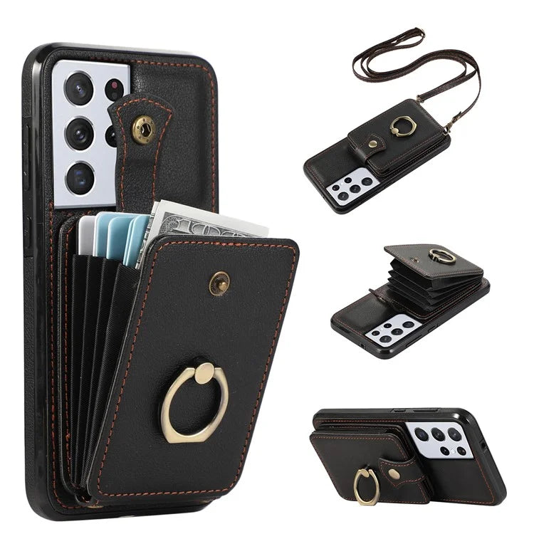 For Samsung Galaxy S21 Ultra 5G Case Card Holder Kickstand TPU+PU Leather Phone Cover