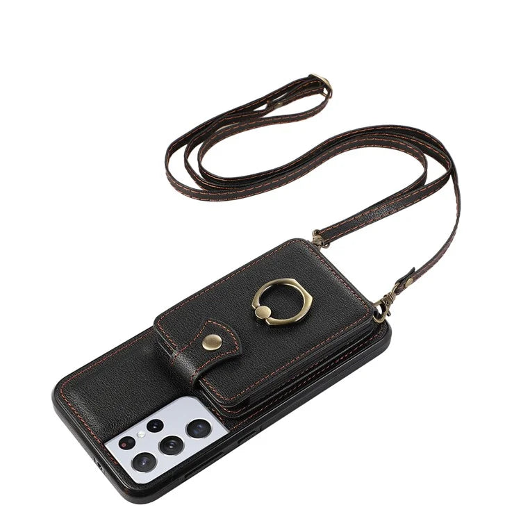 For Samsung Galaxy S21 Ultra 5G Case Card Holder Kickstand TPU+PU Leather Phone Cover