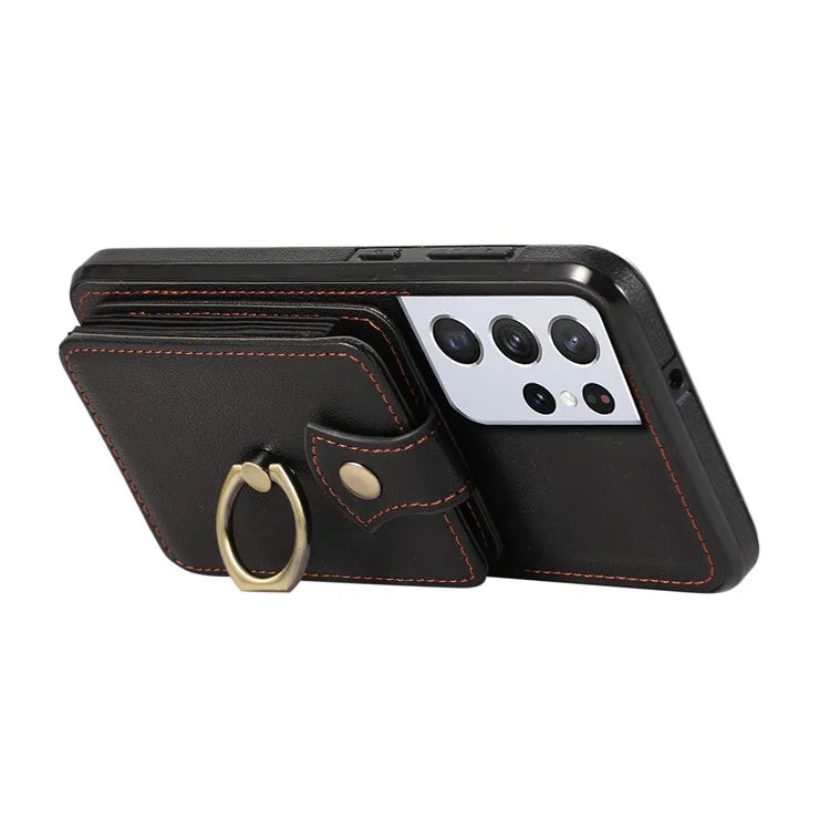 For Samsung Galaxy S21 Ultra 5G Case Card Holder Kickstand TPU+PU Leather Phone Cover