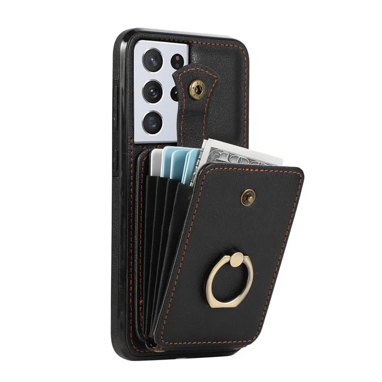 For Samsung Galaxy S21 Ultra 5G Case Card Holder Kickstand TPU+PU Leather Phone Cover