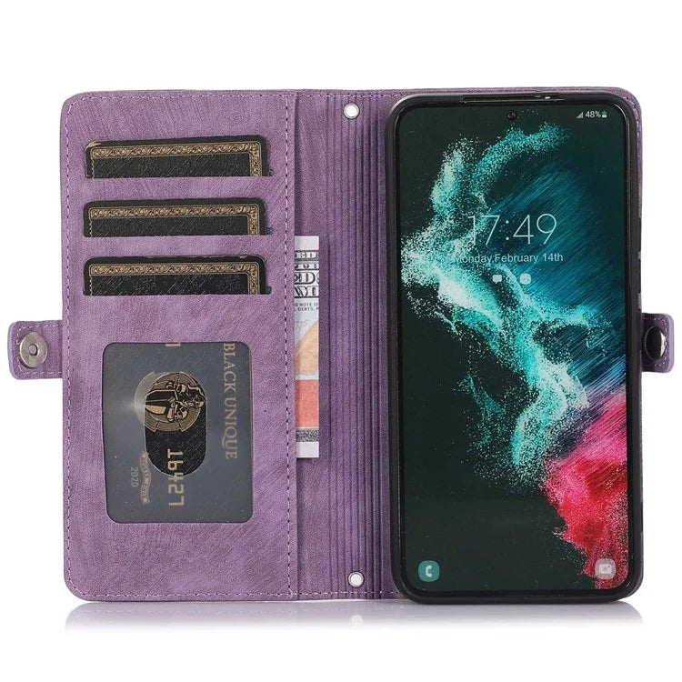 For Samsung Galaxy S24 Ultra Case PU Leather 9 Card Slots Phone Cover with Shoulder Strap