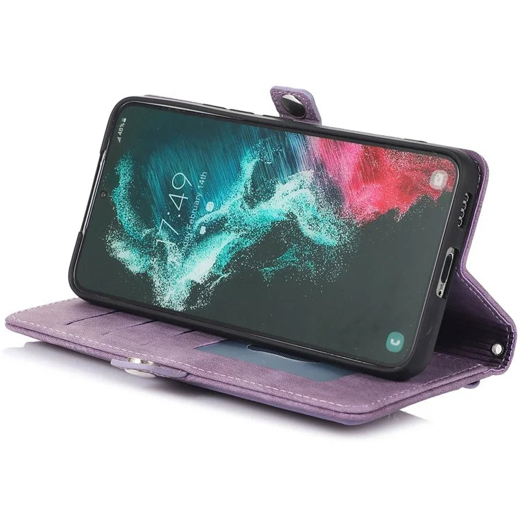 For Samsung Galaxy S24 Ultra Case PU Leather 9 Card Slots Phone Cover with Shoulder Strap