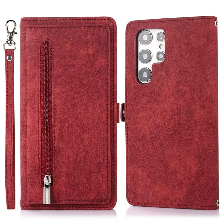 For Samsung Galaxy S24 Ultra Case PU Leather 9 Card Slots Phone Cover with Shoulder Strap