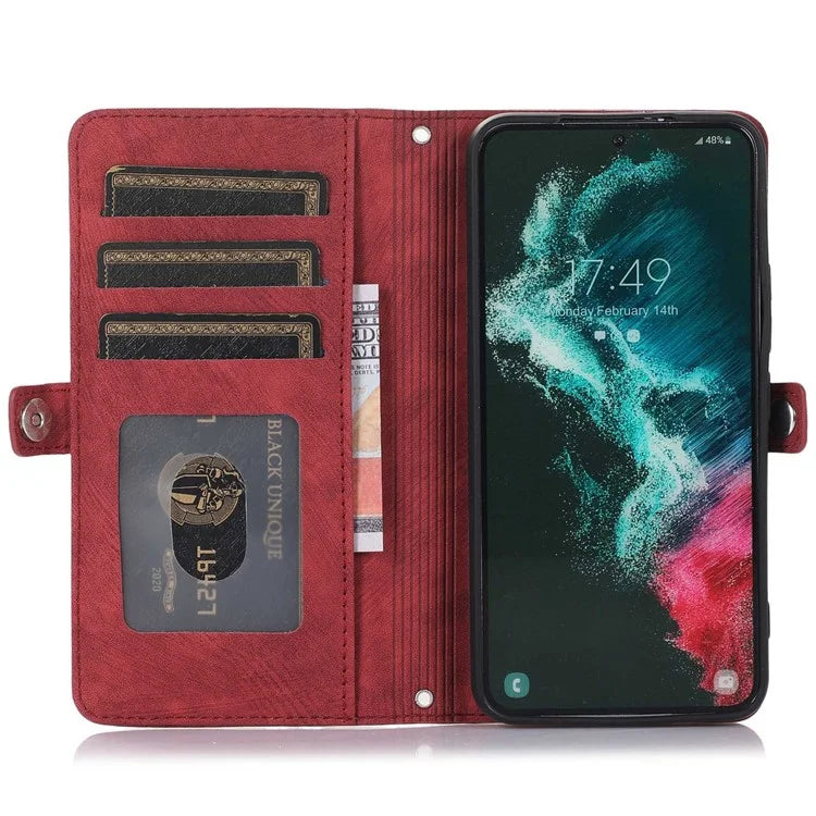 For Samsung Galaxy S24 Ultra Case PU Leather 9 Card Slots Phone Cover with Shoulder Strap