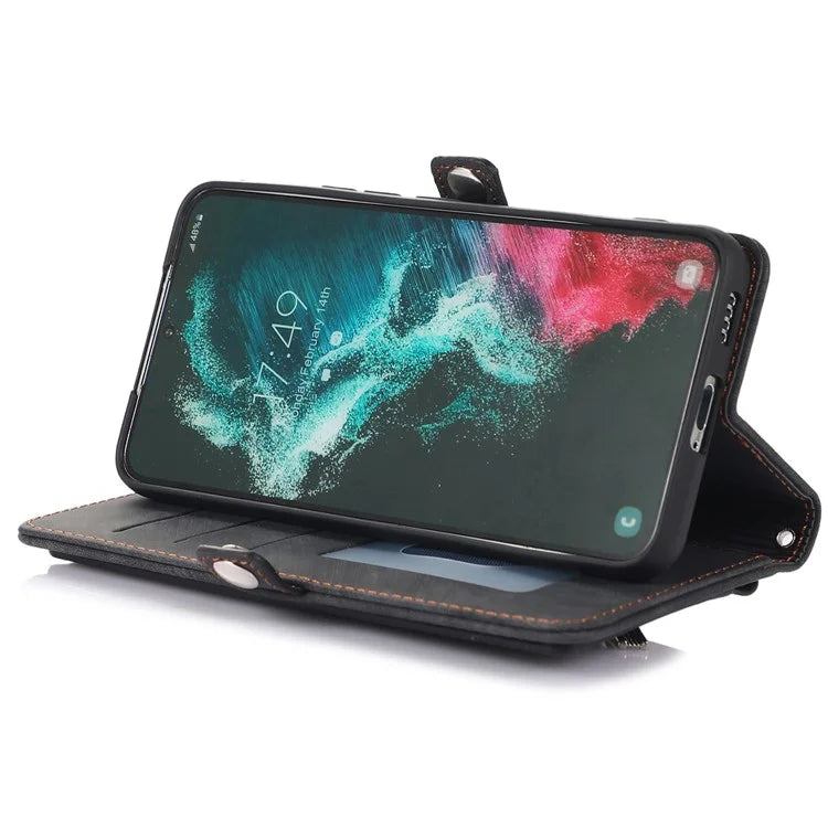 For Samsung Galaxy S24 Ultra Case PU Leather 9 Card Slots Phone Cover with Shoulder Strap