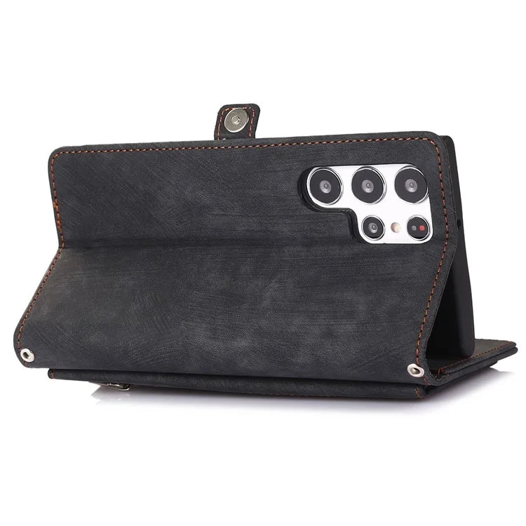 For Samsung Galaxy S24 Ultra Case PU Leather 9 Card Slots Phone Cover with Shoulder Strap