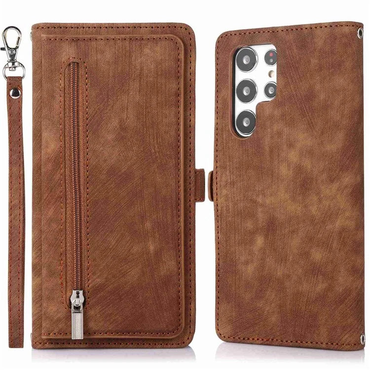 For Samsung Galaxy S24 Ultra Case PU Leather 9 Card Slots Phone Cover with Shoulder Strap