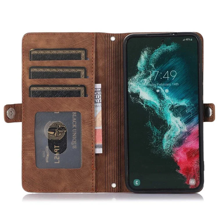 For Samsung Galaxy S24 Ultra Case PU Leather 9 Card Slots Phone Cover with Shoulder Strap
