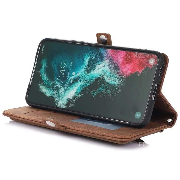 For Samsung Galaxy S24 Ultra Case PU Leather 9 Card Slots Phone Cover with Shoulder Strap