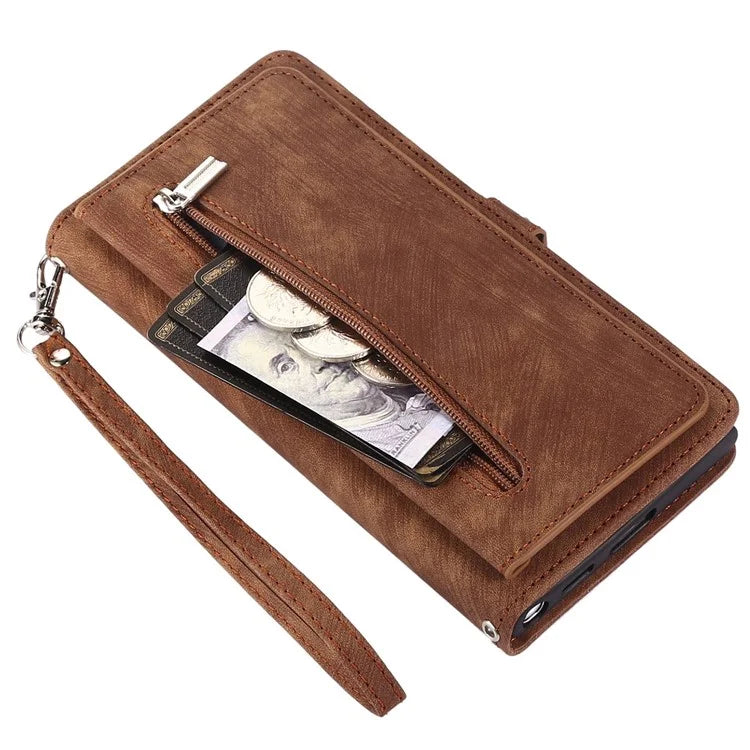 For Samsung Galaxy S24 Ultra Case PU Leather 9 Card Slots Phone Cover with Shoulder Strap