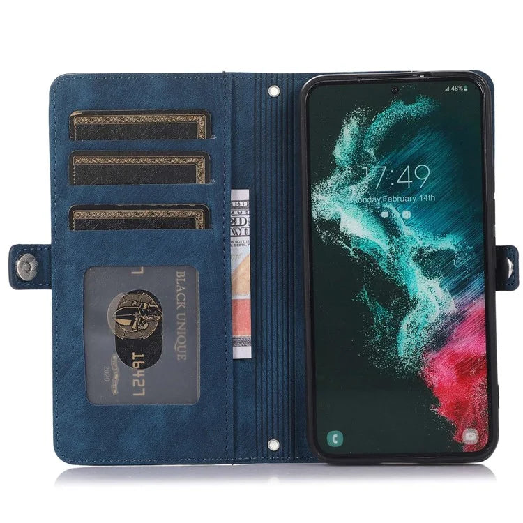 For Samsung Galaxy S24 Ultra Case PU Leather 9 Card Slots Phone Cover with Shoulder Strap