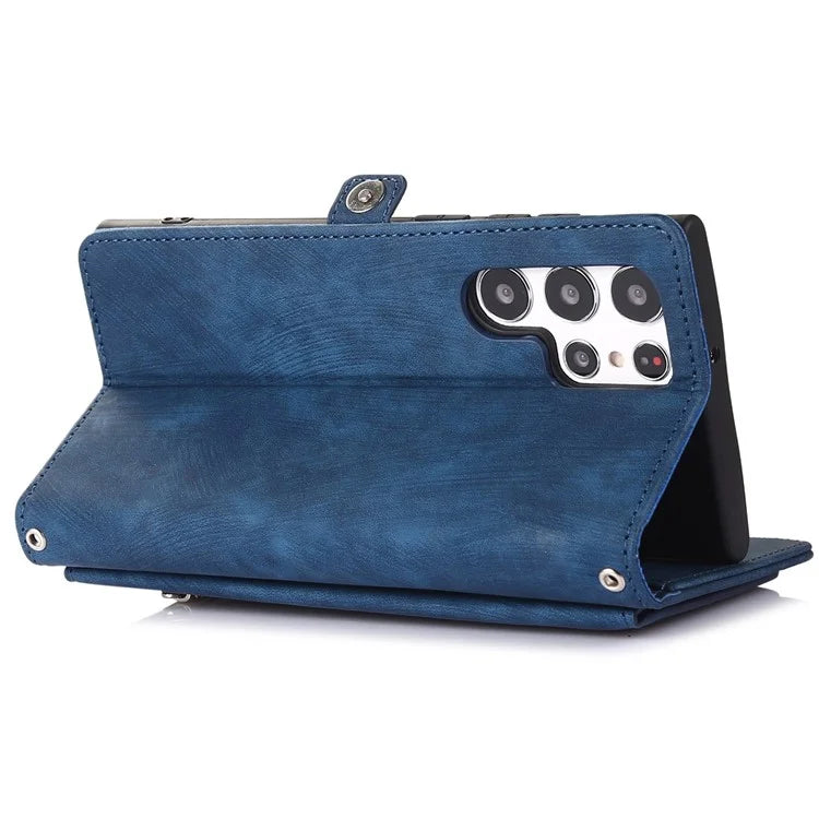 For Samsung Galaxy S24 Ultra Case PU Leather 9 Card Slots Phone Cover with Shoulder Strap