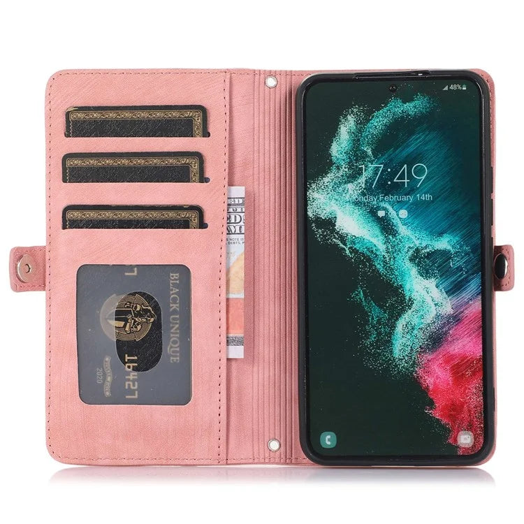 For Samsung Galaxy S24 Ultra Case PU Leather 9 Card Slots Phone Cover with Shoulder Strap