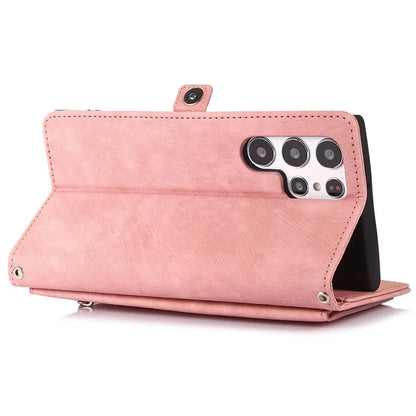 For Samsung Galaxy S24 Ultra Case PU Leather 9 Card Slots Phone Cover with Shoulder Strap