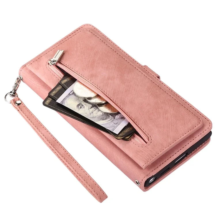 For Samsung Galaxy S24 Ultra Case PU Leather 9 Card Slots Phone Cover with Shoulder Strap