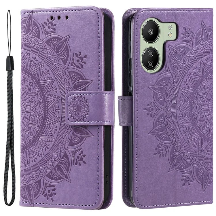 For Xiaomi Redmi 13C 4G / Poco C65 4G Case Mandala Flower Imprint Cover with Strap