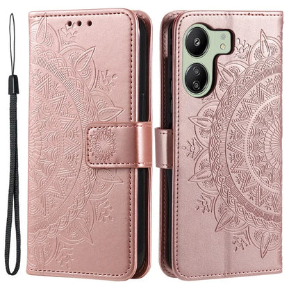 For Xiaomi Redmi 13C 4G / Poco C65 4G Case Mandala Flower Imprint Cover with Strap Gold