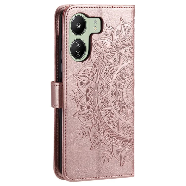 For Xiaomi Redmi 13C 4G / Poco C65 4G Case Mandala Flower Imprint Cover with Strap Gold
