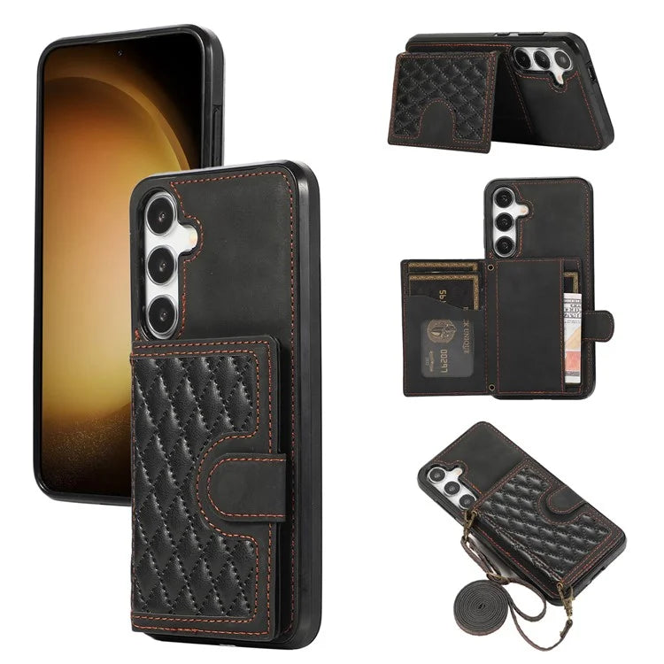 For Samsung Galaxy S24+ Case Grid Imprinted Kickstand Phone Cover with Shoulder Strap