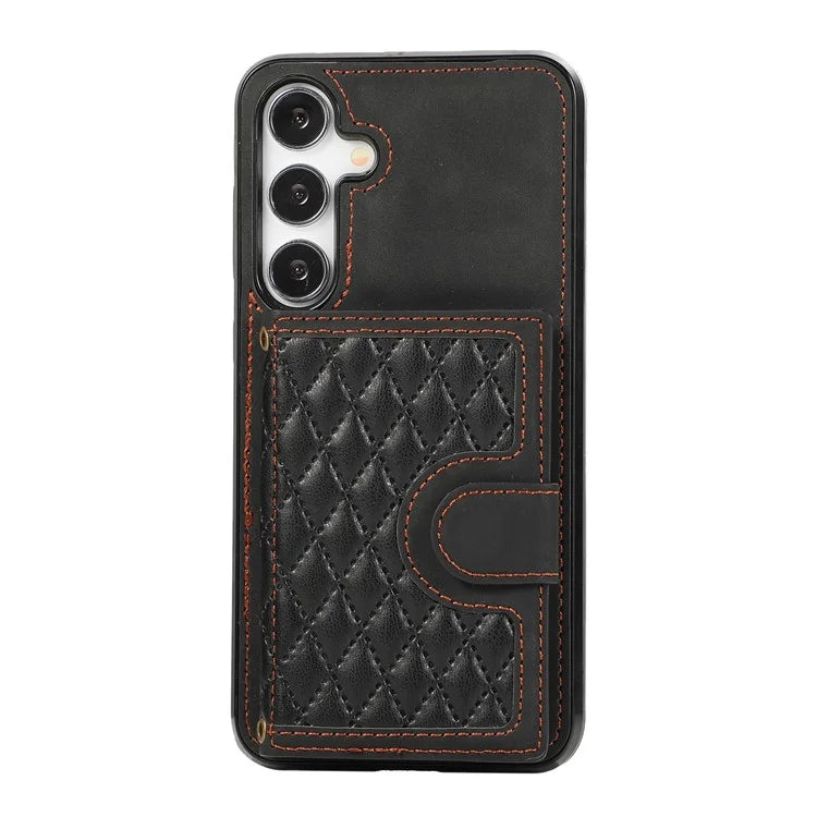 For Samsung Galaxy S24+ Case Grid Imprinted Kickstand Phone Cover with Shoulder Strap