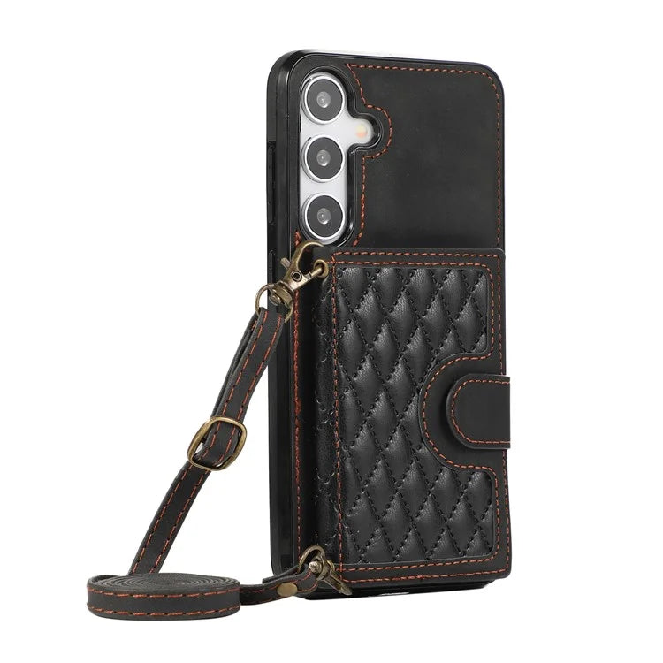 For Samsung Galaxy S24+ Case Grid Imprinted Kickstand Phone Cover with Shoulder Strap