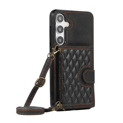 For Samsung Galaxy S24+ Case Grid Imprinted Kickstand Phone Cover with Shoulder Strap