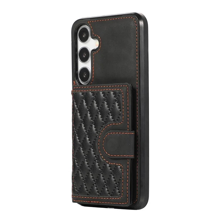 For Samsung Galaxy S24+ Case Grid Imprinted Kickstand Phone Cover with Shoulder Strap