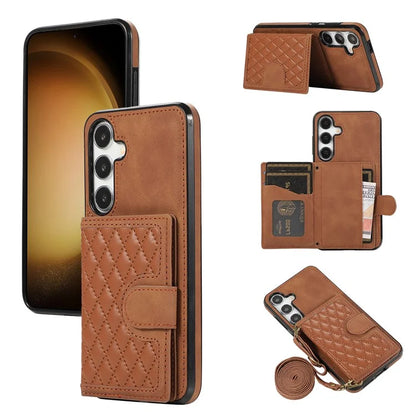 For Samsung Galaxy S24+ Case Grid Imprinted Kickstand Phone Cover with Shoulder Strap