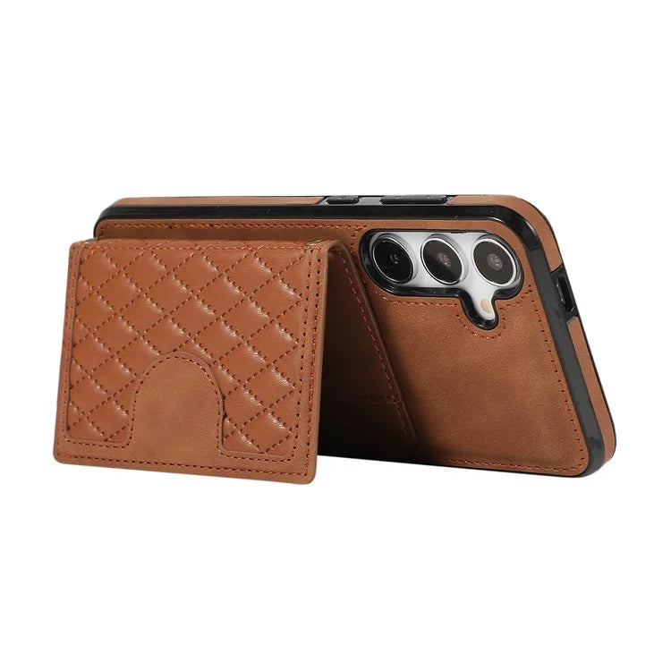 For Samsung Galaxy S24+ Case Grid Imprinted Kickstand Phone Cover with Shoulder Strap